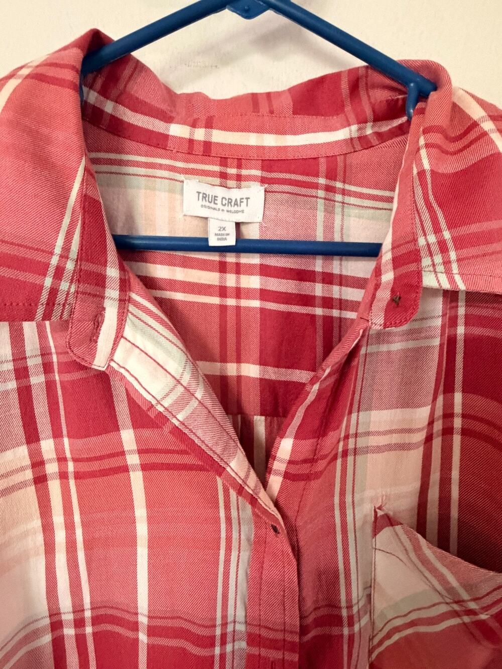 True Craft Womens Plaid Button Up Shirt Red Coral Long Sleeve Plus Size 2X